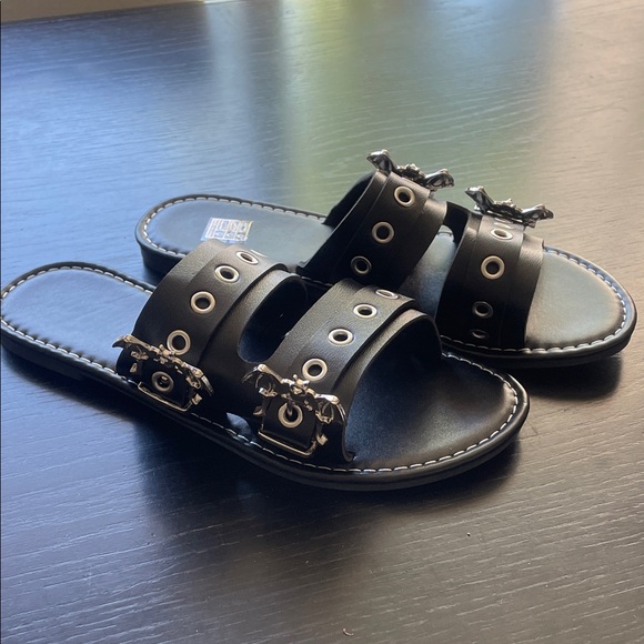 Black Slide Sandals with Silver BAT Accents - Picture 1 of 5